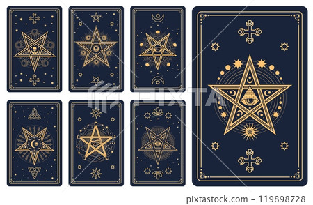 Magic occult tarot cards with vector line Moon, Sun and stars celestial pattern. Mystic esoteric tarot cards with eyes of Horus and providence, alchemy hexagrams and pentagrams on black background Magic occult tarot cards with vector line Moon, Sun and stars celestial pattern. Mystic esoteric tarot cards with eyes of Horus and providence, alchemy hexagrams and pentagrams on black background 119898728