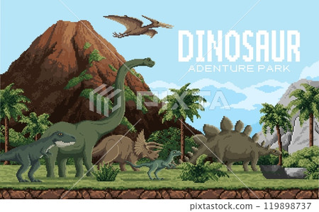 8 bit pixel art prehistoric dinosaurs adventure park. Vector nostalgic retro video gaming scene featuring dino species in nature landscape with mountains, trees and cloudy sky. Arcade game background 119898737