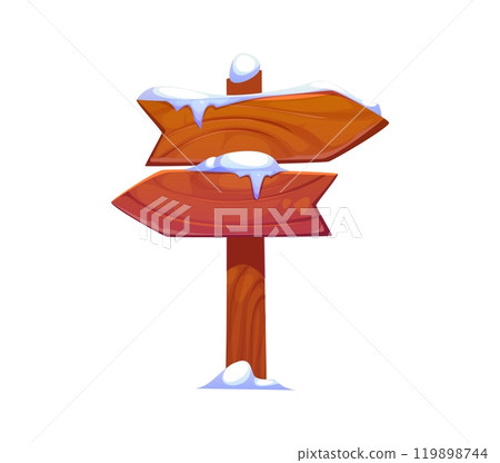 Wooden winter Christmas sign board with snow. Isolated cartoon vector festive directional wood signpost with two arrows pointing in opposite directions covered with snow, features rustic wood texture 119898744
