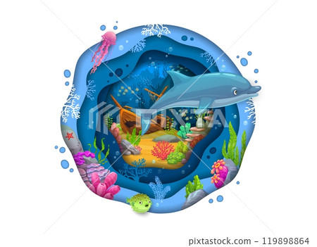 Blue dolphin on paper cut underwater landscape vector background. Tropical ocean coral reef with sea fish, jellyfish and sunken ship in 3d layered round frame of papercut wavy borders with seaweeds 119898864