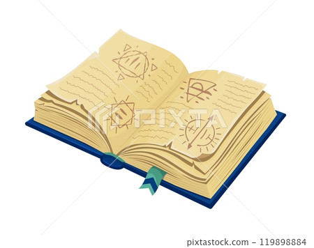 Medieval ancient alchemy or spell book game icon, vector UI asset. Open magic spellbook, old book and manuscript with grunge parchment paper pages, witch or wizard spells and blue ribbon bookmarks Medieval ancient alchemy or spell book game icon, vector UI asset. Open magic spellbook, old book and manuscript with grunge parchment paper pages, witch or wizard spells and blue ribbon bookmarks 119898884