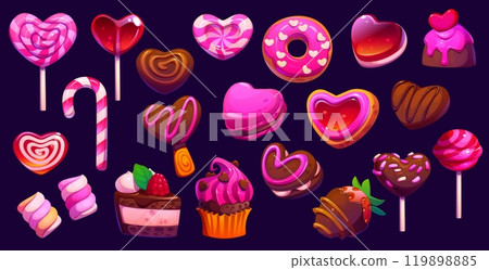 Cartoon Valentine heart and pink candy sweets, lollipop, confectionery and pastry food desserts. Vector chocolate heart candies, cookies and cakes, cupcake, donut, caramel, marshmallow and cake pops 119898885