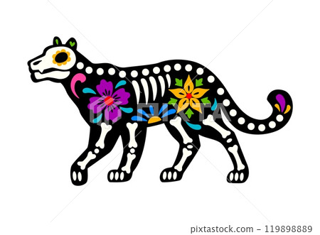 Dead Halloween skeleton for Mexican Day of the Dead, vector coyote animal tattoo. Dia De Los Muertos Mexican holiday coyote with calavera skull, skeleton bones and flowers ornament for ethnic tattoo Dead Halloween skeleton for Mexican Day of the Dead, vector coyote animal tattoo. Dia De Los Muertos Mexican holiday coyote with calavera skull, skeleton bones and flowers ornament for ethnic tattoo 119898889