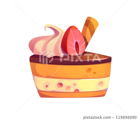 Cartoon fast food cake or cheesecake slice with layers of cream and sponge, topped with chocolate glaze, whipped cream, a strawberry slice, and a wafer stick. Isolated vector confectionery or pastry 119898890
