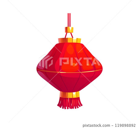 Cartoon Chinese festival red lantern, Asian Chinatown lamp, symbolizing cultural celebrations and heritage. Traditional festival or Lunar New Year decoration with gold accents and tassel at the bottom 119898892