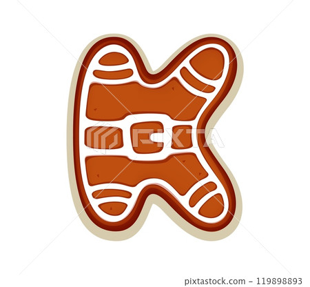 Christmas gingerbread cookie font, letter K type for Xmas holiday, vector typeface. Christmas font or alphabet typeface of gingerbread cookie letter K with Christmas ornament for New Year typeset 119898893
