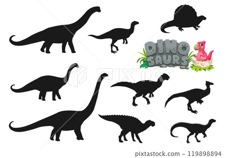 Prehistoric dinosaur silhouettes vector set. Black dino species shadow shapes and baby dinosaur hatching from an egg nearby hr stone plate with dinosaurs typography. Jurassic reptile animals icons 119898894