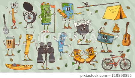 Cartoon retro groovy travel camp and tourism characters, vector outdoor adventure. Psychedelic hippie tent, backpack, compass, map and mountain trekking boots personages. Funny campfire, axe and bike 119898895
