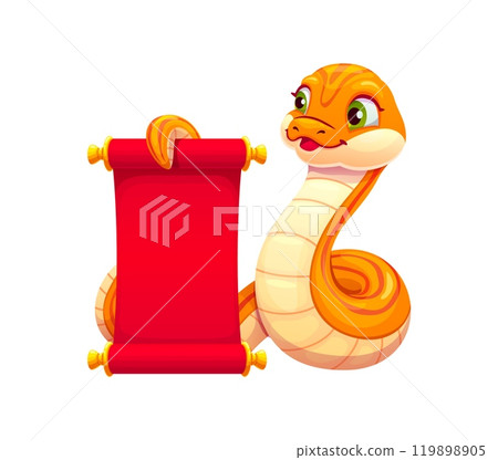 Cartoon Chinese new lunar year snake character holding a red scroll with a friendly expression and large green eyes. Isolated vector reptile with an orange colored body, conveying a playful Cny mood 119898905