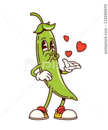 Groovy cartoon green pea vegetable character in for funny vegetable, vector comic. Groovy funny green pea pod with happy face whistling love melody with hearts for retro cartoon character 119898970
