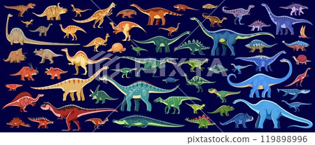 Color prehistoric dinosaurs vector set. Cartoon colorful dino species. Ancient reptiles from jurassic era. Terrestrial carnivores, omnivores, herbivores and mammoth with vibrant colors and shapes Color prehistoric dinosaurs vector set. Cartoon colorful dino species. Ancient reptiles from jurassic era. Terrestrial carnivores, omnivores, herbivores and mammoth with vibrant colors and shapes 119898996