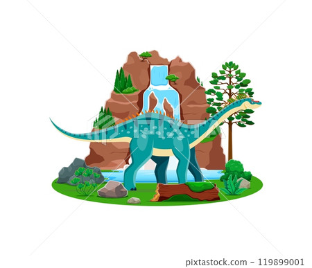 Prehistoric dicraeosaurus dinosaur character. Cartoon vector dino at lush prehistoric landscape. Peaceful scene of ancient history time with scenic waterfall, mossed tree log and vibrant greenery 119899001