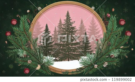 Snow-covered winter mountains and Christmas ornaments, text space, AI-generated material 119899002