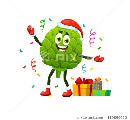 Cartoon Christmas artichoke character with Santa gifts for winter holiday, vector vegetable. Funny artichoke with happy face in Santa hat with confetti for Merry Christmas and New Year greetings 119899010