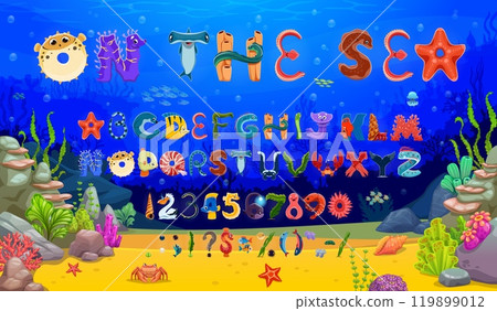 Sea animal alphabet, ocean underwater font type on cartoon marine landscape vector background. Funny english abc letters and numbers font, cute fish, shark, octopus, jellyfish and shrimp characters 119899012