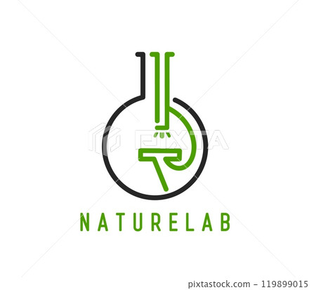 Nature lab icon or green product laboratory emblem, vector test tube flask and microscope. Natural organic, bio and eco production company badge of laboratory beaker flask for clinic or pharmacy Nature lab icon or green product laboratory emblem, vector test tube flask and microscope. Natural organic, bio and eco production company badge of laboratory beaker flask for clinic or pharmacy 119899015