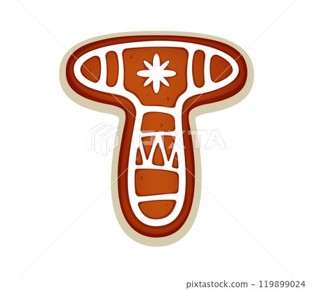 Christmas font, gingerbread cookie type or biscuit letter T typeface, vector Xmas holiday alphabet. Christmas font letter T gingerbread cookie with snowflakes icing for winter holiday greeting type 119899024