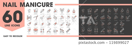 Nail manicure service and treatment line icons for hands or fingernail care, outline vector. Manicure salon or nail care service pictogram icons of broken nail repair or cosmetic tools for restoration Nail manicure service and treatment line icons for hands or fingernail care, outline vector. Manicure salon or nail care service pictogram icons of broken nail repair or cosmetic tools for restoration 119899027