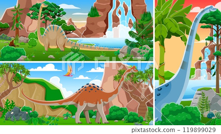Prehistoric dinosaur characters in cartoon collage in Jurassic jungle forest, vector funny dino. Kids paleontology book cover or dinosaurs atlas with giant lizards and prehistoric dinosaur reptiles 119899029