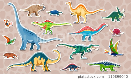 Prehistoric dinosaur stickers set. Vector adhesive patches with cartoon herbivores, carnivores and flying ancient reptile animals. Funny decorative badges for scrapbook or kids school fun activities Prehistoric dinosaur stickers set. Vector adhesive patches with cartoon herbivores, carnivores and flying ancient reptile animals. Funny decorative badges for scrapbook or kids school fun activities 119899040