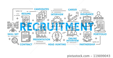 Job search and recruitment line icons with business people. Vector professional training, career, human resource outline symbols of recruitment. Employee cv, interview, contract and partnership icons 119899043