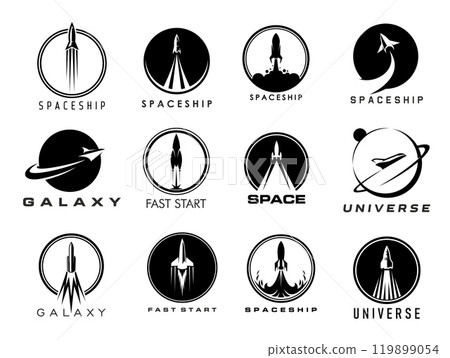 Spaceship and space rocket icons. Shuttle spaceship launch and rocket start up vector silhouettes with fire flames and smoke, planets and orbit frames. Universe galaxy travel, retro spacecraft symbols Spaceship and space rocket icons. Shuttle spaceship launch and rocket start up vector silhouettes with fire flames and smoke, planets and orbit frames. Universe galaxy travel, retro spacecraft symbols 119899054