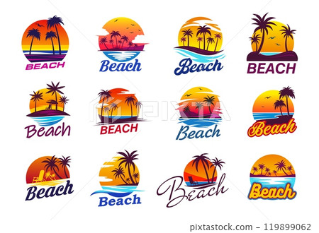 Summer tropical sunrise, palm trees and island beach icons, vector travel, summer vacation and holidays. Tropical island resort beach with palm trees, ocean waves and sun, chairs and umbrella symbols 119899062