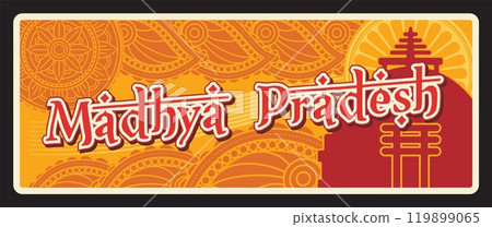 Madhya Pradesh state of India vector vintage plate. Central province state in India, capital is Bhopal India, great stupa of Sanchi sign and sticker. Emblem of Madhya Pradesh, Indian coat of arms 119899065