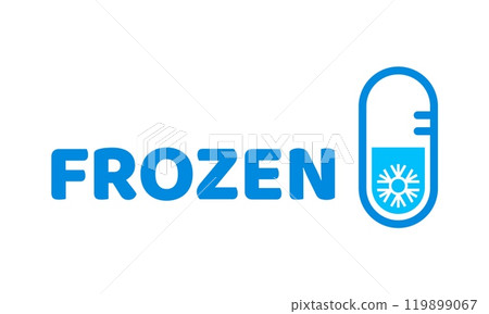 Blue frozen cold product icon, ice crystal label and badge. Isolated vector sticker for frozen food, features thermometer and snowflake signs. Symbol for packages or frosty cold preservation items 119899067