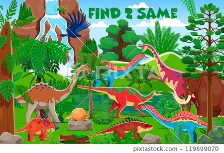 Find two same prehistoric dinosaurs, kids game worksheet. Vector riddle with cartoon dino species in green environment landscape. Puzzle, quiz game, entertaining and educational activity for children 119899070