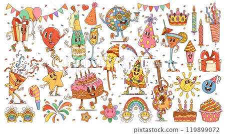 Retro cartoon groovy holiday, birthday and anniversary characters. Cute cake, balloons, gift and hat birthday party vector personages. Hippie funky champagne, happy cocktail, flowers and confetti Retro cartoon groovy holiday, birthday and anniversary characters. Cute cake, balloons, gift and hat birthday party vector personages. Hippie funky champagne, happy cocktail, flowers and confetti 119899072