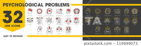 Psychological disorder problems and mental health line icons for psychology therapy, outline vector. Psychiatry, mental health and brain disorder icons of depression, stress, anxiety and panic attack Psychological disorder problems and mental health line icons for psychology therapy, outline vector. Psychiatry, mental health and brain disorder icons of depression, stress, anxiety and panic attack 119899073