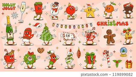 Cartoon groovy Christmas characters for winter holiday, vector funny emoji. Groovy Christmas tree with Santa gifts, funky gingerbread man and chocolate with marshmallow as retro cartoon characters Cartoon groovy Christmas characters for winter holiday, vector funny emoji. Groovy Christmas tree with Santa gifts, funky gingerbread man and chocolate with marshmallow as retro cartoon characters 119899082