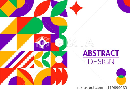 Abstract modern banner with geometric pattern of simple shapes and colors, vector background. Modern trendy or retro futuristic banner with pattern of geometric mosaic shapes and figure elements Abstract modern banner with geometric pattern of simple shapes and colors, vector background. Modern trendy or retro futuristic banner with pattern of geometric mosaic shapes and figure elements 119899083