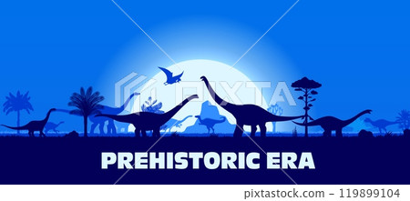 Dinosaurs silhouettes on sunset landscape in Jurassic jungle park forest, vector background. Prehistoric era landscape with T-rex tyrannosaurus lizard, brontosaurus and pterodactyl bird silhouette 119899104