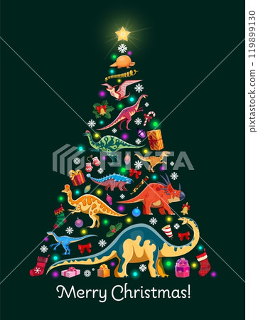 Christmas dinosaurs tree for winter holiday banner with prehistoric lizards, vector background. Merry Christmas greeting with decorations, gifts and dinosaurs or Jurassic lizard reptiles on fir tree Christmas dinosaurs tree for winter holiday banner with prehistoric lizards, vector background. Merry Christmas greeting with decorations, gifts and dinosaurs or Jurassic lizard reptiles on fir tree 119899130