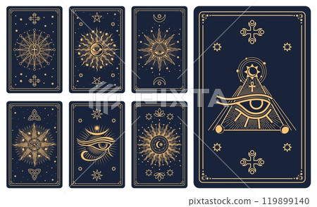 Tarot cards with magic esoteric signs and mystic occult symbols, vector covers. Tarot cards with esoteric magic sun and stars, Horus eye with Ankh cross and mason pyramid in pentagram on reverse decks Tarot cards with magic esoteric signs and mystic occult symbols, vector covers. Tarot cards with esoteric magic sun and stars, Horus eye with Ankh cross and mason pyramid in pentagram on reverse decks 119899140