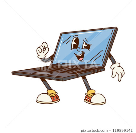 Groovy computer notebook or laptop character with funny face, vector retro cartoon. Groovy funky comic laptop notebook with smile and winking in positive vibes for computer emoji in retro cartoon Groovy computer notebook or laptop character with funny face, vector retro cartoon. Groovy funky comic laptop notebook with smile and winking in positive vibes for computer emoji in retro cartoon 119899141