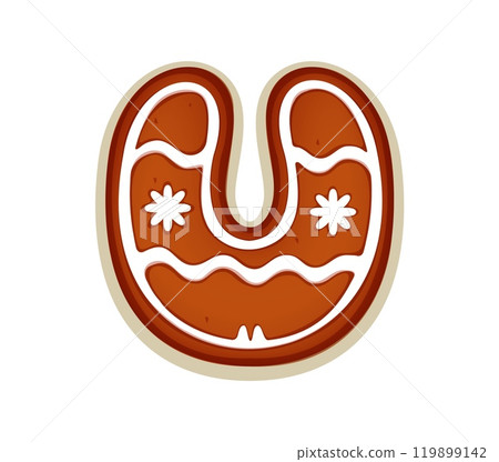Christmas gingerbread cookie font, letter U biscuit for Xmas bakery typeface, vector type. Christmas cookie font letter U for winter holiday greeting text, gingerbread biscuit alphabet with snowflakes Christmas gingerbread cookie font, letter U biscuit for Xmas bakery typeface, vector type. Christmas cookie font letter U for winter holiday greeting text, gingerbread biscuit alphabet with snowflakes 119899142