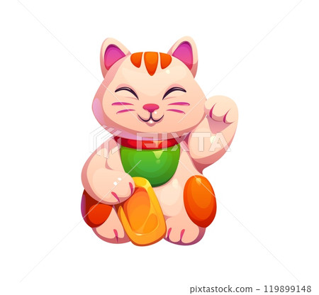 Cartoon lucky Japanese maneki neko lucky cat. Isolated vector cheerful kitten souvenir with a friendly smile and raised paw holding golden ingot. Traditional figure symbol of good luck and prosperity 119899148