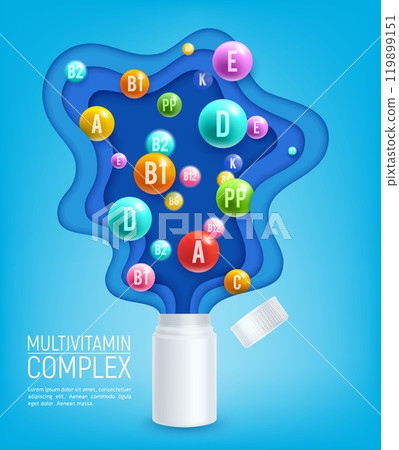 Paper cut multivitamin and vitamins complex bottle for healthy nutrition, vector poster. Food supplement bottle with vitamins and minerals splash in paper cut for healthcare and multivitamin package 119899151