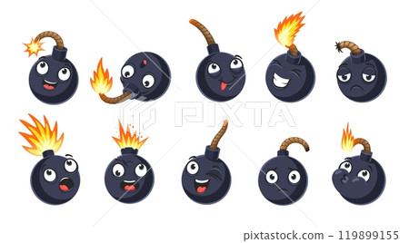 Cartoon bomb characters with wicks or fuses. Explosive, burst weapon personages. Vector set of funny emoticons express emotions of excitement, surprised, laugh, sadness happiness, shock and confusion 119899155
