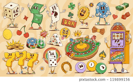 Cartoon groovy casino and gambling characters of gamble sport games and bets. Retro psychedelic poker card, dice, chips and roulette vector personages. Vintage groovy slot machine, gold coins, money Cartoon groovy casino and gambling characters of gamble sport games and bets. Retro psychedelic poker card, dice, chips and roulette vector personages. Vintage groovy slot machine, gold coins, money 119899156