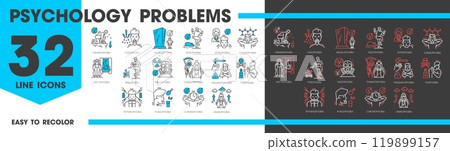 Psychology problems and human phobia icons of mental health care, vector pictograms. Phobia types of psychological disorder logophobia and traumaphobia with musophobia and radiophobia line icons 119899157