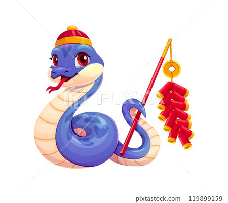 Chinese lunar New Year snake character for Asian holiday, cartoon vector. Funny snake in traditional Chinese costume with petards firecrackers and lucky golden coin for 2025 Chinese New Year calendar 119899159
