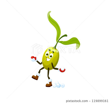 Cartoon Christmas holiday olive character playing snowballs, vector funny vegetable. Happy smiling green olive playing snowballs in mittens for winter holiday Christmas and New Year greeting emoji Cartoon Christmas holiday olive character playing snowballs, vector funny vegetable. Happy smiling green olive playing snowballs in mittens for winter holiday Christmas and New Year greeting emoji 119899161