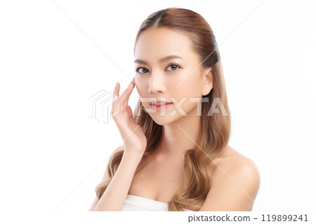 Beautiful young asian woman with clean fresh skin on white background, Face care, Facial treatment, Cosmetology, beauty and spa, Asian women portrait. Beautiful young asian woman with clean fresh skin on white background, Face care, Facial treatment, Cosmetology, beauty and spa, Asian women portrait. 119899241