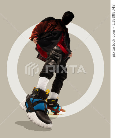 Collage. Young, stylish man, dressed stylish phot accentuated against simple background with geometric shapes. New Brutalism art style. 119899348