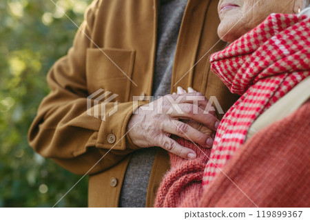 Close up of beautiful senior couple outdoors in an autumn garden. Elderly husband and wife are embracing each other. 119899367
