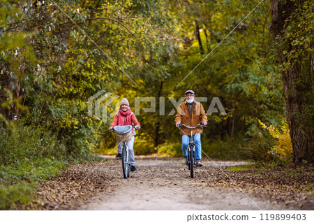 Beautiful elderly couple on bike ride in the forest. Seniors in love cycling through autumn nature, enjoying a peaceful moment. 119899403